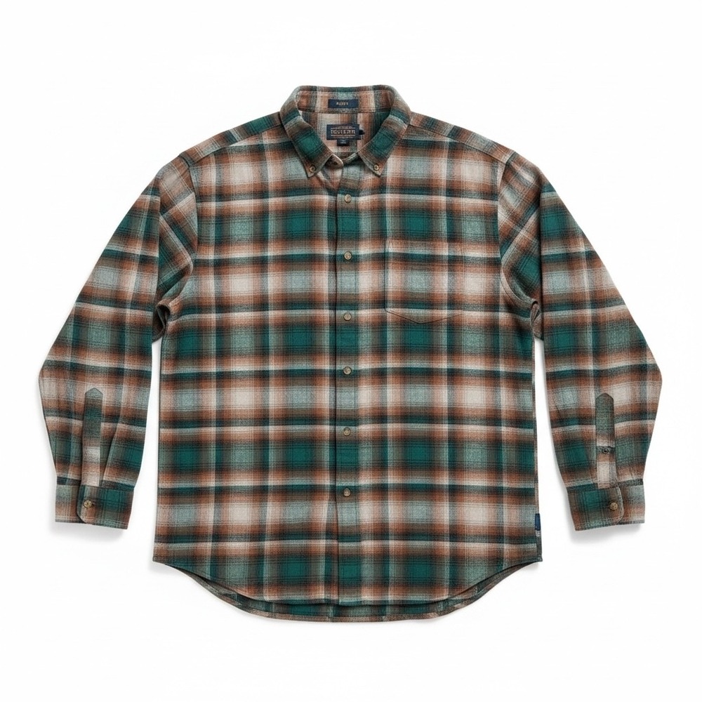 Pendleton Mason Mens XL Teal Brown Plaid Cotton Flannel Button Down Shirt RA351